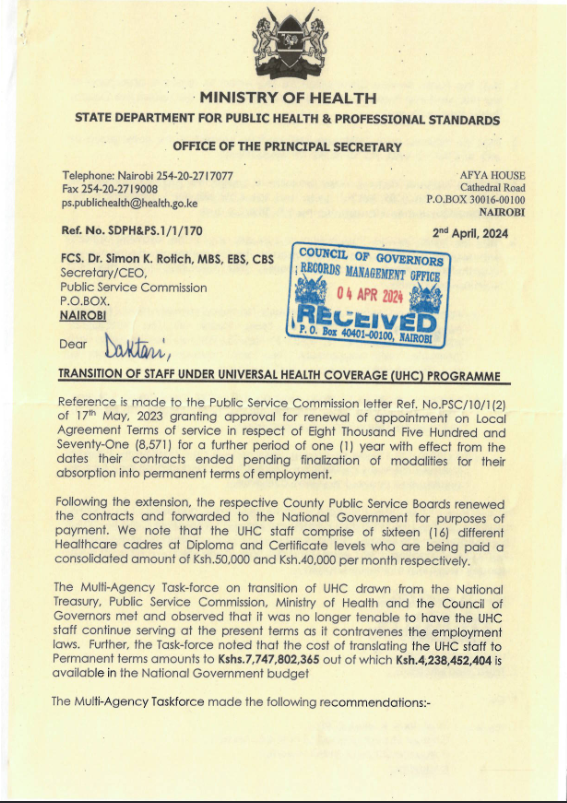 C_NyaKundiH's tweet photo. PSC and COG at Odds Over Employment Terms in UHC Staff Transition Controversy
 
The Universal Health Coverage (UHC) program is embroiled in a controversy over the employment terms of its staff. 

This issue has come to light following conflicting directives from the Public Service Commission (PSC) and the Council of Governors (COG).

On April 2, 2024, the Ministry of Health, through the Office of the Principal Secretary, issued a letter to the PSC requesting the transition of UHC staff into permanent and pensionable (PnP) terms of employment. 

This move follows a PSC advisory dated May 17, 2023, approving the renewal of appointments for 8,571 UHC staff on Local Agreement Terms for one more year. 

The staff, comprising 16 different healthcare cadres at diploma and certificate levels, were to be absorbed into PnP terms to ensure job security and appropriate benefits, including a gratuity.

The PSC, along with the Multi-Agency Taskforce on UHC transition, highlighted that the cost of transitioning the UHC staff to permanent terms amounted to Ksh 7,747,802,365. 

Of this, Ksh 4,238,452,404 was already allocated in the National Government budget, leaving a funding gap of Ksh 3,509,349,961. 

The task force recommended that the National Treasury make provisions to bridge this gap to facilitate the transition.

However, the COG, under the leadership of Chairperson Anne Waiguru, issued a conflicting directive on May 16, 2024. 

The COG's letter, referencing a joint sitting of the National Assembly and Senate Standing Committee on Health on May 5, 2024, observed that the PSC had issued only a one-year renewal of the UHC staff contracts. 

This was contrary to the Summit's resolutions, which mandated a three-year renewal under the same terms and conditions.

The COG requested the Ministry of Health, through the PSC, to issue a further two-year extension to align with the Summit resolution, effectively extending the UHC staff contracts to a total of six years on contract terms. 

This extension would result in the staff continuing to work at lower pay without gratuity, contradicting the PSC's advisory for permanent absorption.

The conflicting directives have created uncertainty and concern among the UHC staff. 

PSC's recommendation for absorption into PnP terms would provide job security and benefits, including a gratuity payment of Ksh 6,300,385,920 for the staff. 

On the other hand, the COG's push for a contract extension denies the staff these benefits and continues the precarious nature of their employment.

This dispute also raises legal and constitutional concerns.

While the PSC is recognized under the PSC Act, the concept of a Governors Summit does not have constitutional recognition. 

The authority and legality of the Summit's resolutions, therefore, come into question, especially when they conflict with the PSC's directives.

The media and the public will be closely monitoring developments to see if the government will uphold the PSC's advisory or succumb to the COG's counter-directive.