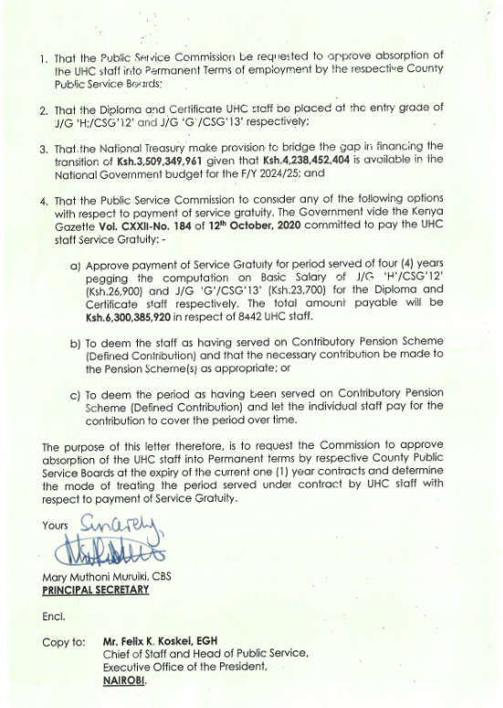 C_NyaKundiH's tweet photo. PSC and COG at Odds Over Employment Terms in UHC Staff Transition Controversy
 
The Universal Health Coverage (UHC) program is embroiled in a controversy over the employment terms of its staff. 

This issue has come to light following conflicting directives from the Public Service Commission (PSC) and the Council of Governors (COG).

On April 2, 2024, the Ministry of Health, through the Office of the Principal Secretary, issued a letter to the PSC requesting the transition of UHC staff into permanent and pensionable (PnP) terms of employment. 

This move follows a PSC advisory dated May 17, 2023, approving the renewal of appointments for 8,571 UHC staff on Local Agreement Terms for one more year. 

The staff, comprising 16 different healthcare cadres at diploma and certificate levels, were to be absorbed into PnP terms to ensure job security and appropriate benefits, including a gratuity.

The PSC, along with the Multi-Agency Taskforce on UHC transition, highlighted that the cost of transitioning the UHC staff to permanent terms amounted to Ksh 7,747,802,365. 

Of this, Ksh 4,238,452,404 was already allocated in the National Government budget, leaving a funding gap of Ksh 3,509,349,961. 

The task force recommended that the National Treasury make provisions to bridge this gap to facilitate the transition.

However, the COG, under the leadership of Chairperson Anne Waiguru, issued a conflicting directive on May 16, 2024. 

The COG's letter, referencing a joint sitting of the National Assembly and Senate Standing Committee on Health on May 5, 2024, observed that the PSC had issued only a one-year renewal of the UHC staff contracts. 

This was contrary to the Summit's resolutions, which mandated a three-year renewal under the same terms and conditions.

The COG requested the Ministry of Health, through the PSC, to issue a further two-year extension to align with the Summit resolution, effectively extending the UHC staff contracts to a total of six years on contract terms. 

This extension would result in the staff continuing to work at lower pay without gratuity, contradicting the PSC's advisory for permanent absorption.

The conflicting directives have created uncertainty and concern among the UHC staff. 

PSC's recommendation for absorption into PnP terms would provide job security and benefits, including a gratuity payment of Ksh 6,300,385,920 for the staff. 

On the other hand, the COG's push for a contract extension denies the staff these benefits and continues the precarious nature of their employment.

This dispute also raises legal and constitutional concerns.

While the PSC is recognized under the PSC Act, the concept of a Governors Summit does not have constitutional recognition. 

The authority and legality of the Summit's resolutions, therefore, come into question, especially when they conflict with the PSC's directives.

The media and the public will be closely monitoring developments to see if the government will uphold the PSC's advisory or succumb to the COG's counter-directive.