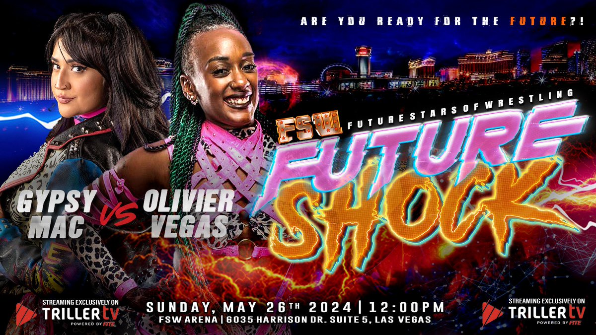 TOMORROW! FSW Future Shock Tomorrow, Sun 5/26, 12PM LIVE on @FiteTV+ FSW Arena | #LasVegas 𝙁𝙚𝙖𝙩𝙪𝙧𝙞𝙣𝙜 -@GypsyMac vs @oliviervegos -@mond0rox & Ref Warren vs @sawwwwwngbird & @thebrandongee + more! Ticket + Streaming info in out bio!