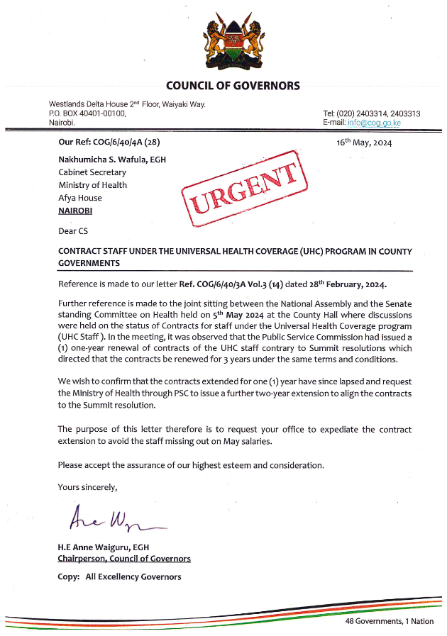 C_NyaKundiH's tweet photo. PSC and COG at Odds Over Employment Terms in UHC Staff Transition Controversy
 
The Universal Health Coverage (UHC) program is embroiled in a controversy over the employment terms of its staff. 

This issue has come to light following conflicting directives from the Public Service Commission (PSC) and the Council of Governors (COG).

On April 2, 2024, the Ministry of Health, through the Office of the Principal Secretary, issued a letter to the PSC requesting the transition of UHC staff into permanent and pensionable (PnP) terms of employment. 

This move follows a PSC advisory dated May 17, 2023, approving the renewal of appointments for 8,571 UHC staff on Local Agreement Terms for one more year. 

The staff, comprising 16 different healthcare cadres at diploma and certificate levels, were to be absorbed into PnP terms to ensure job security and appropriate benefits, including a gratuity.

The PSC, along with the Multi-Agency Taskforce on UHC transition, highlighted that the cost of transitioning the UHC staff to permanent terms amounted to Ksh 7,747,802,365. 

Of this, Ksh 4,238,452,404 was already allocated in the National Government budget, leaving a funding gap of Ksh 3,509,349,961. 

The task force recommended that the National Treasury make provisions to bridge this gap to facilitate the transition.

However, the COG, under the leadership of Chairperson Anne Waiguru, issued a conflicting directive on May 16, 2024. 

The COG's letter, referencing a joint sitting of the National Assembly and Senate Standing Committee on Health on May 5, 2024, observed that the PSC had issued only a one-year renewal of the UHC staff contracts. 

This was contrary to the Summit's resolutions, which mandated a three-year renewal under the same terms and conditions.

The COG requested the Ministry of Health, through the PSC, to issue a further two-year extension to align with the Summit resolution, effectively extending the UHC staff contracts to a total of six years on contract terms. 

This extension would result in the staff continuing to work at lower pay without gratuity, contradicting the PSC's advisory for permanent absorption.

The conflicting directives have created uncertainty and concern among the UHC staff. 

PSC's recommendation for absorption into PnP terms would provide job security and benefits, including a gratuity payment of Ksh 6,300,385,920 for the staff. 

On the other hand, the COG's push for a contract extension denies the staff these benefits and continues the precarious nature of their employment.

This dispute also raises legal and constitutional concerns.

While the PSC is recognized under the PSC Act, the concept of a Governors Summit does not have constitutional recognition. 

The authority and legality of the Summit's resolutions, therefore, come into question, especially when they conflict with the PSC's directives.

The media and the public will be closely monitoring developments to see if the government will uphold the PSC's advisory or succumb to the COG's counter-directive.