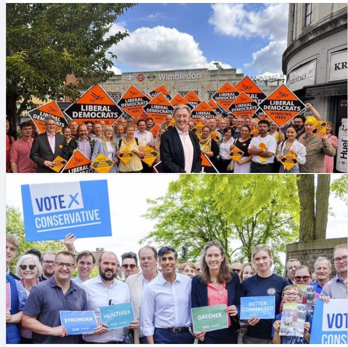 Two photos of campaign teams in Wimbledon this morning. No doubt which one is the more enthusiastic and numerous