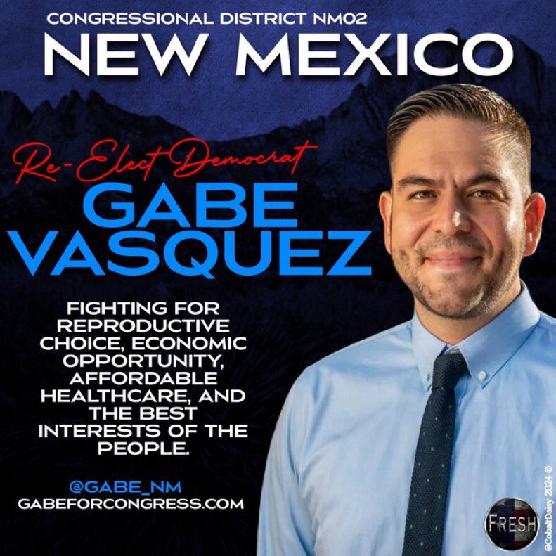#ProudBlue #DemsUnited #Fresh Gabe Vasquez is running to keep his seat in #NM02 US House. And he deserves it‼️ @Gabe_NM voted to slash Rx costs, expand coverage for seniors, expand food assistance programs, addressed doctor shortages in rural areas, and supported upgrading