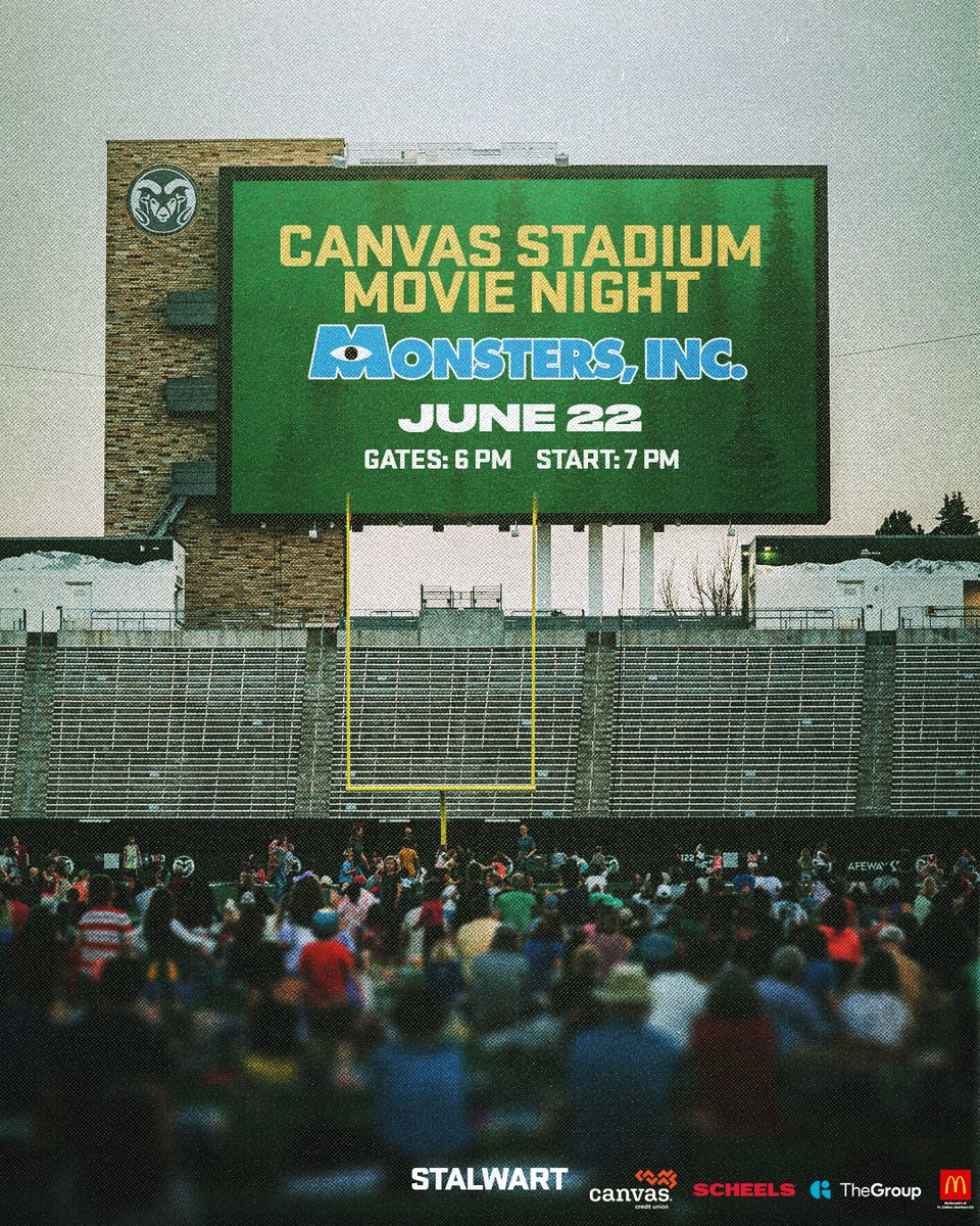 Movie night is 𝗕𝗔𝗖𝗞! 🍿 Join us at Canvas Stadium June 22nd for a showing of Monsters, Inc. on the 𝗕𝗜𝗚 screen❗ 🚪Gates Open | 6 p.m. 🎥 Movie Begins | 7 p.m. Register Here » csurams.com/form/1274 #Stalwart x #CSURams