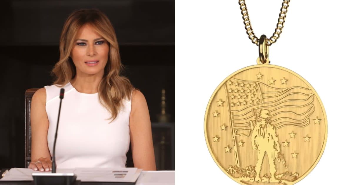 For $175 you can buy Melania's Fortitude medallion, honoring the unsuccessful models who came to this country, married rich men twice their ages, renegotiated their prenups and never helped anyone. 'These are real heroes' says Melania. 'I accept cash and Social Security checks'