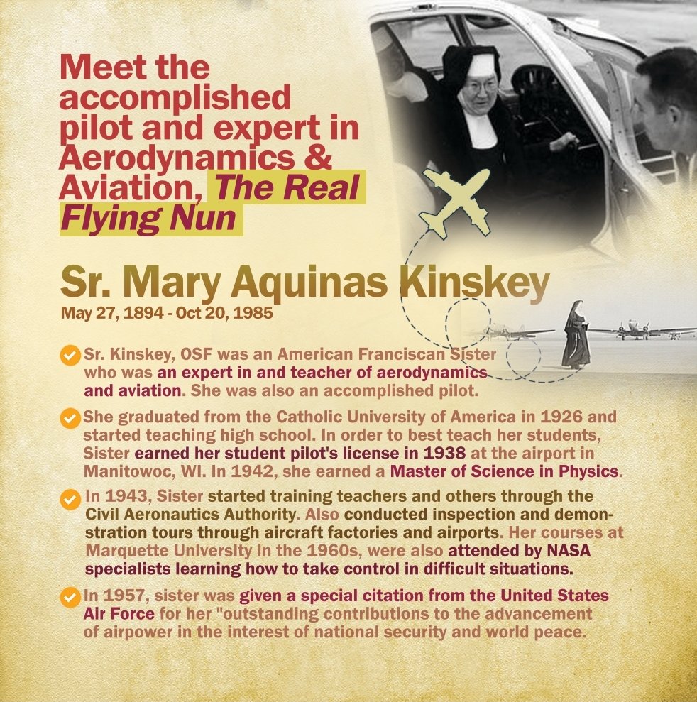 #WomenInSTEM The Real Flying Nun!
Meet the accomplished pilot and expert in Aerodynamics &amp; Aviation 🛩️- Sr. Mary Aquinas Kinskey OSF (May 27, 1894– Oct 20, 1985) - SIster was an American Franciscan Religious Sister who was an expert in and teacher of aerodynamics and aviation. 🇺🇲