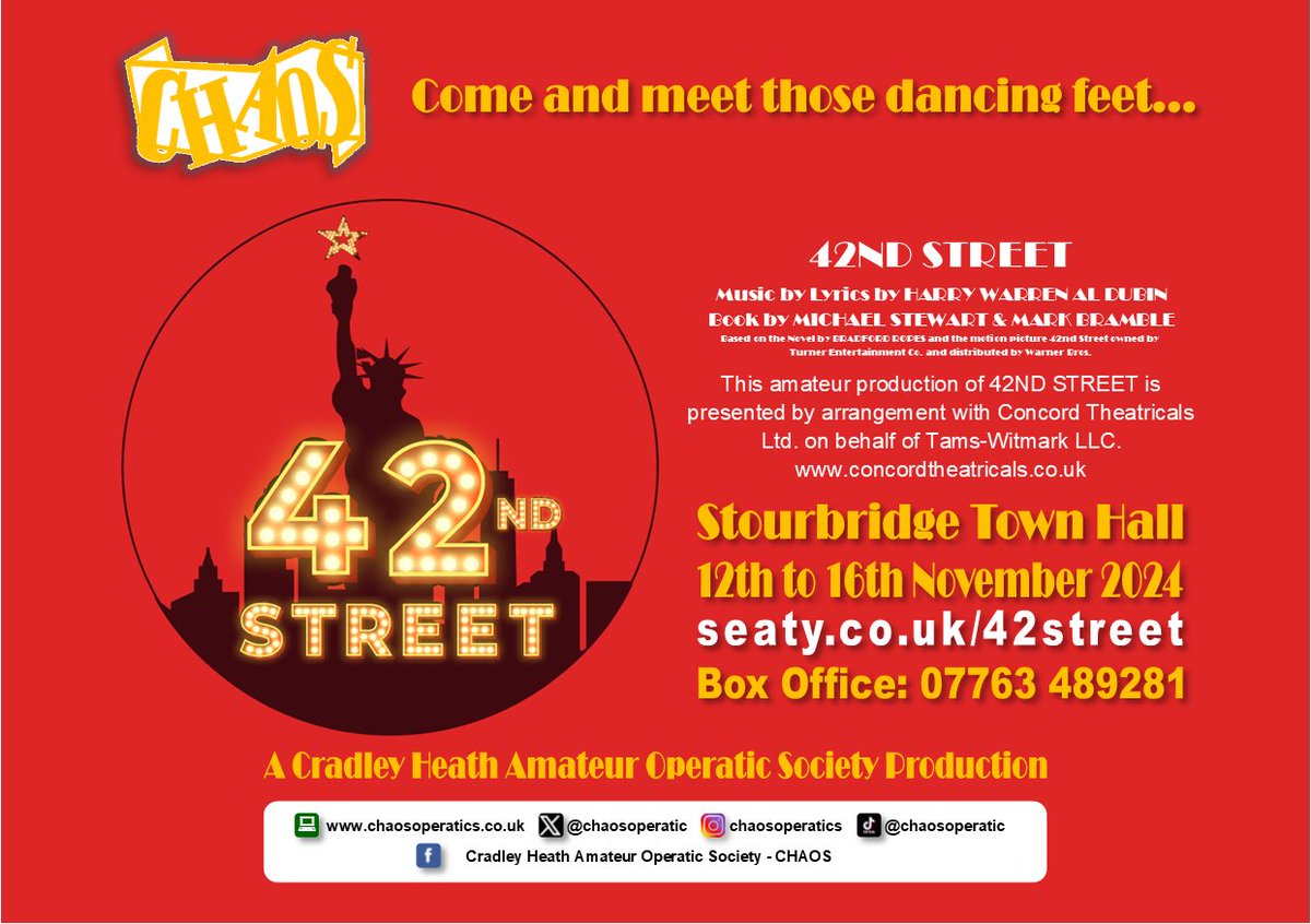 It’s International Tap Dance Day 🤩

What better way to celebrate, than booking your tickets to see this tap-tastic show! 

🎭 42nd Street
🗓️12th to 16th November 2024
📍Stourbridge Town Hall 
🔗 SEATY.CO.UK/42STREET
☎️ 07763 489281