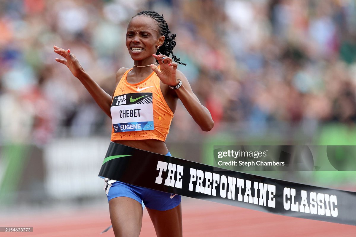 Beatrice Chebet of Team Kenya wins the women's 10,000 meter run with a world record of 28:54:14 during the Wanda Diamond League @nikepreclassic at Hayward Field on May 25, 2024 in Eugene, Oregon. 📷: @stephchambers76 #PreClassic