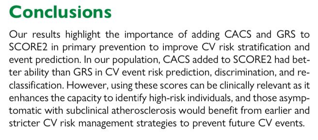 1/2 Great paper on risk Prediction of cardiovascular events in asymptomatic patients. Score2 was ok ✅ adding coronary calcium score increased accuracy ⬆️ & adding a generic risk score improved prediction further! 🔝 academic.oup.com/eurjpc/article… See 2/2 for my thoughts! #epeeps