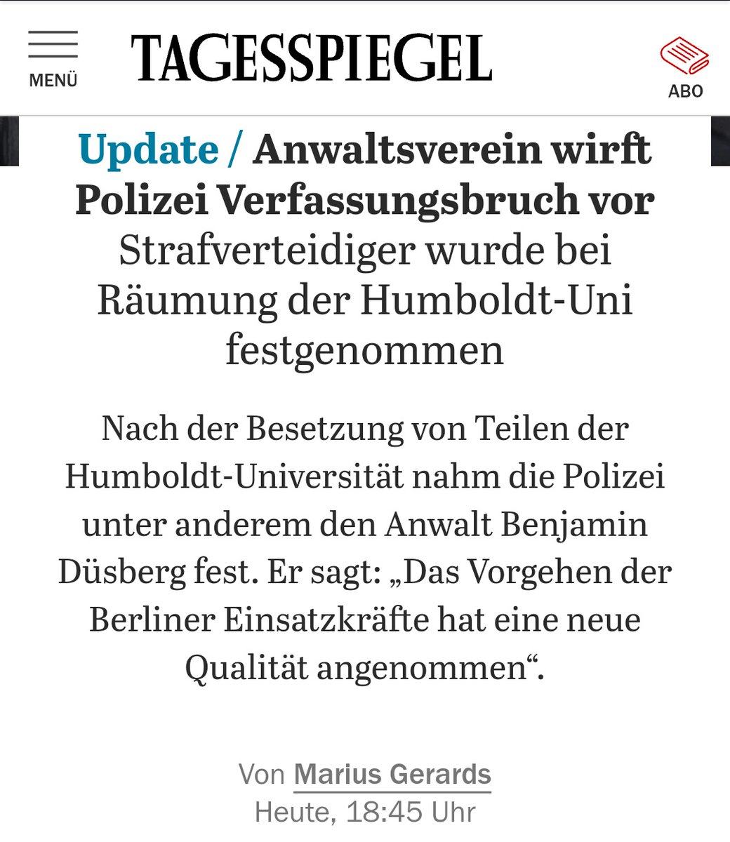 #cdu #kaiWegner .@kaiwegner hat bzgl. #HumboldUniverstität

fachliche Inkompetenz gezeigt & das diese #Berlin Regierung über jedes rechte #israel Stöcken springt & dabei das Grundgesetz missachtet.

Sogar Anwälte wurden bei der Räumung festgenommen & u.a Art. 12 missachtet. 🤦