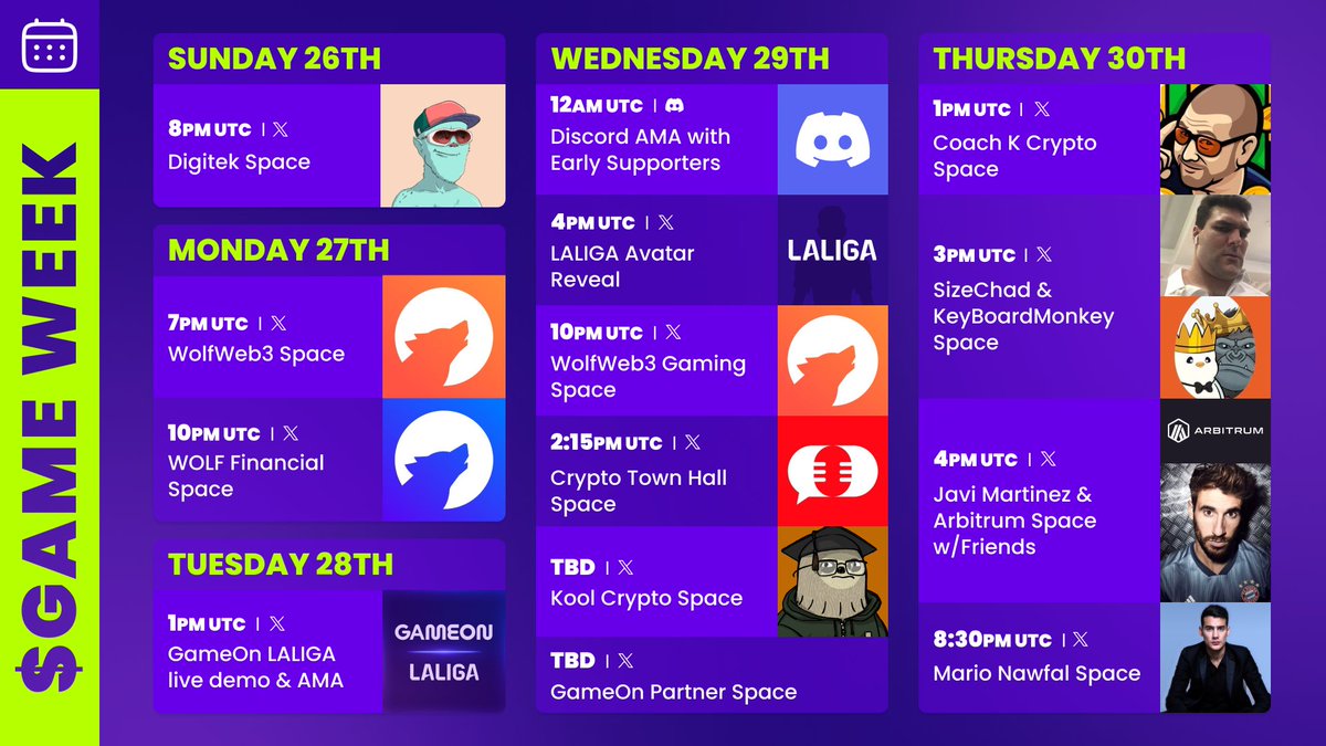 A LOT is going on next $GAME Week! 😉 Take note of the lineup, mark your calendars, and get ready for Alpha ✌️ #GameOn