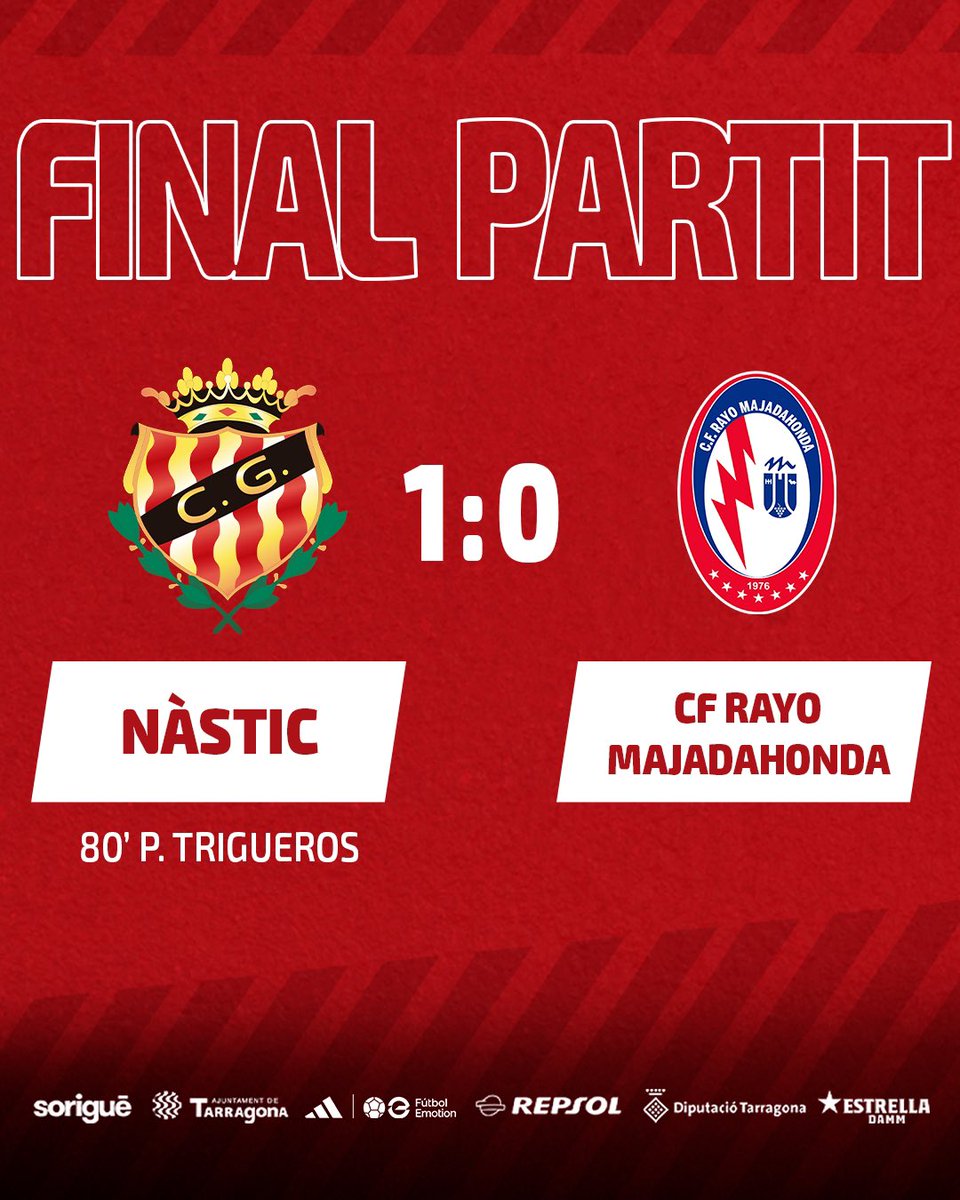NASTICTARRAGONA's tweet photo. FINAL al NOU ESTADI COSTA DAURADA‼️

🔴⚪️ Acomiadem la lliga regular amb VICTÒRIA i a la 2A POSICIÓ‼️

⚽️ @pablotrigueros5 

|1-0| #nasticlive
#NàsticRayoMajadahonda 
#NouEstadiCostaDaurada https://t.co/pkThA5FVPo
