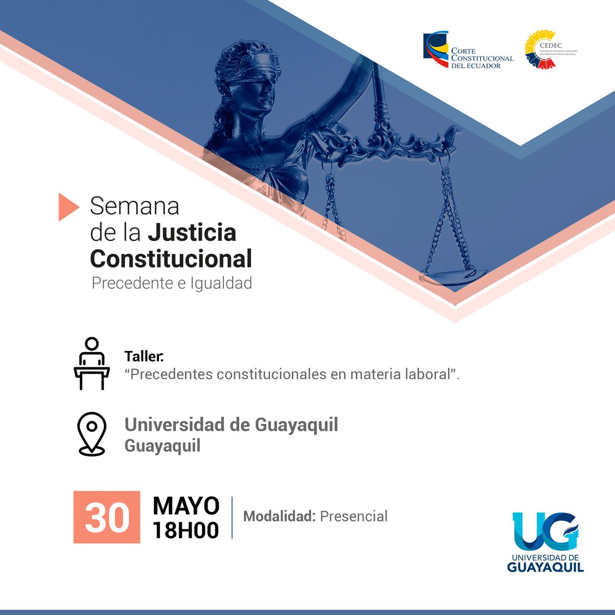 📣La <a href="/UdeGuayaquil/">Universidad de Guayaquil</a> se suma a la #SemanaDeLaJusticiaCC <a href="/CorteConstEcu/">Corte Constitucional</a> 🇪🇨
🔵Foro “Los precedentes constitucionales en materia laboral”. Participarán Daniel Gallegos de <a href="/CedecEcuador/">CEDEC - CENTRO DE ESTUDIOS Y DIFUSIÓN</a> y Jaime Hurtado Del Castillo de <a href="/UGJURIS/">JurisprudenciaUG</a> 
🗓30 Mayo
⏰18:00
📍Paraninfo "Rafael Brito M.”
🤵🏻‍♀️🧑🏽‍⚖️