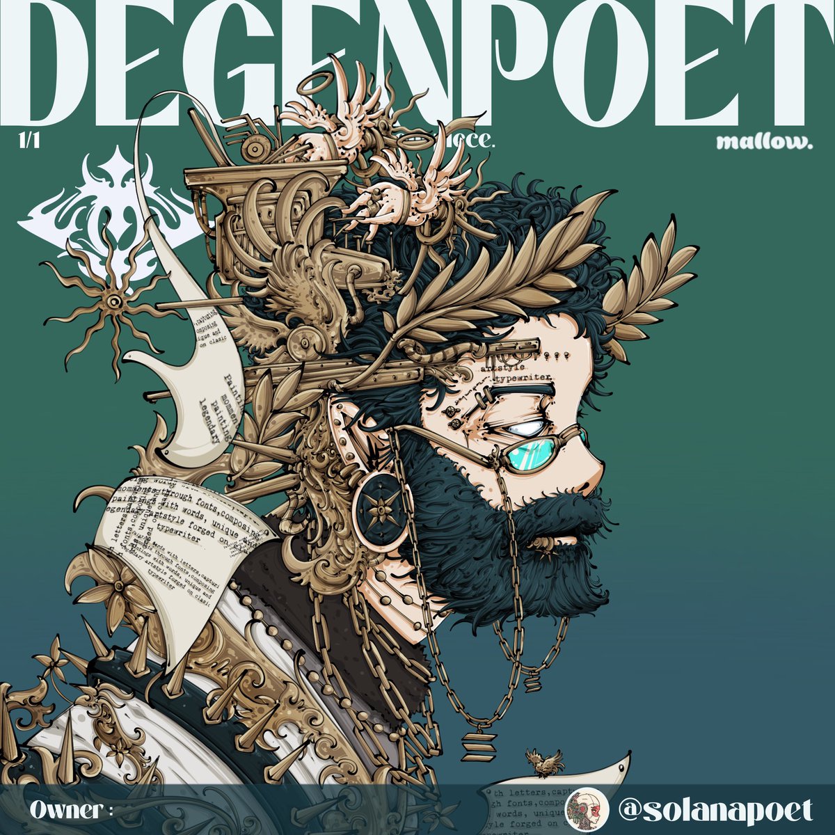 “Degenpoet”#13 Legendary typewriter with a touch of classic ornamental anime in citypunk.

1/1’s Honorary for @solanapoet 

on: @mallow__art