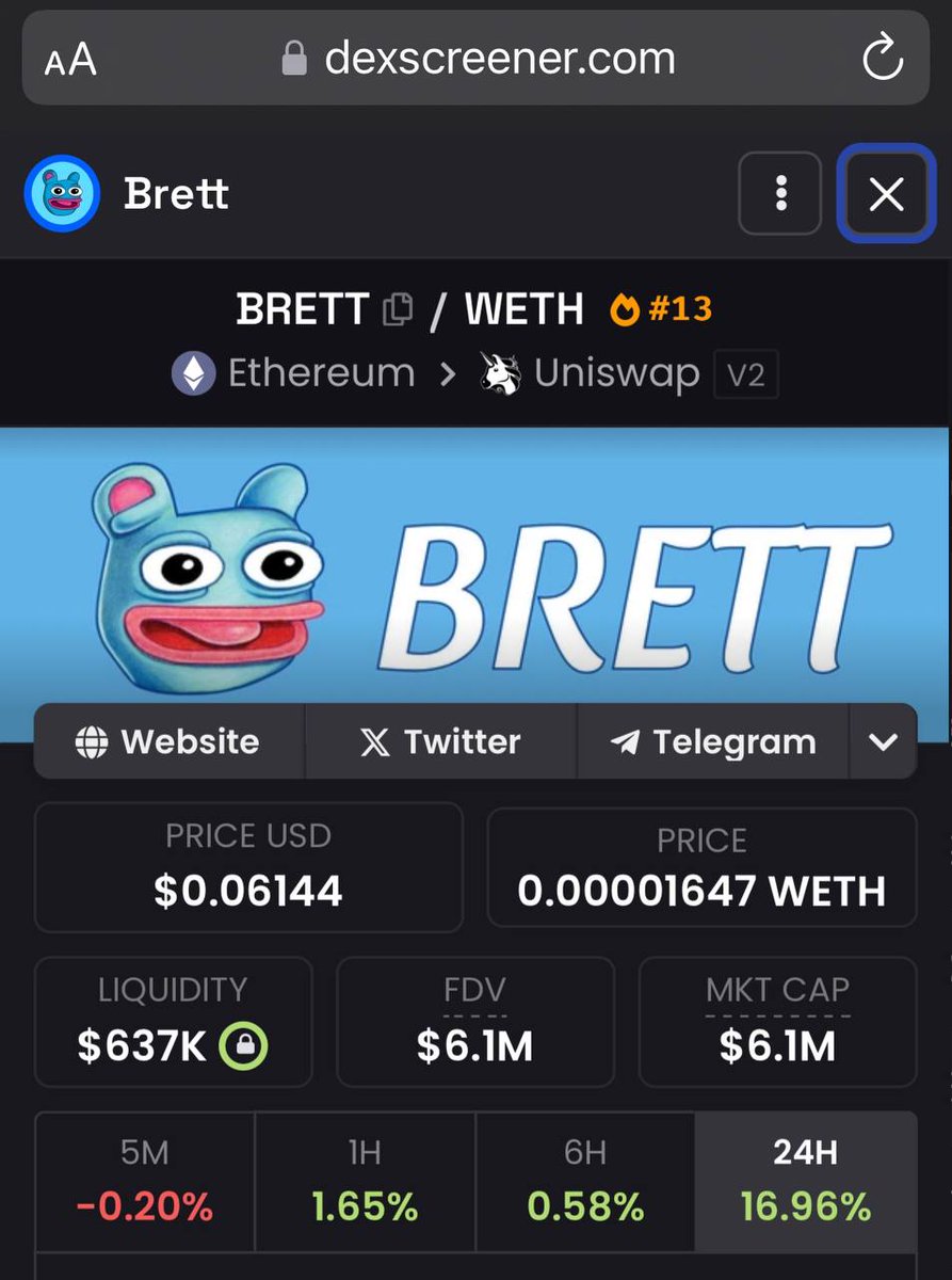 Brett_Eth_0x80E's tweet photo. Trending Alert!🔥

$BRETT is trending on @dexscreener! This achievement highlights our growing community and the strong interest in $BRETT on #ETH!

Let's keep the momentum going and achieve even more!🚀 https://t.co/mJXIjdZYsW