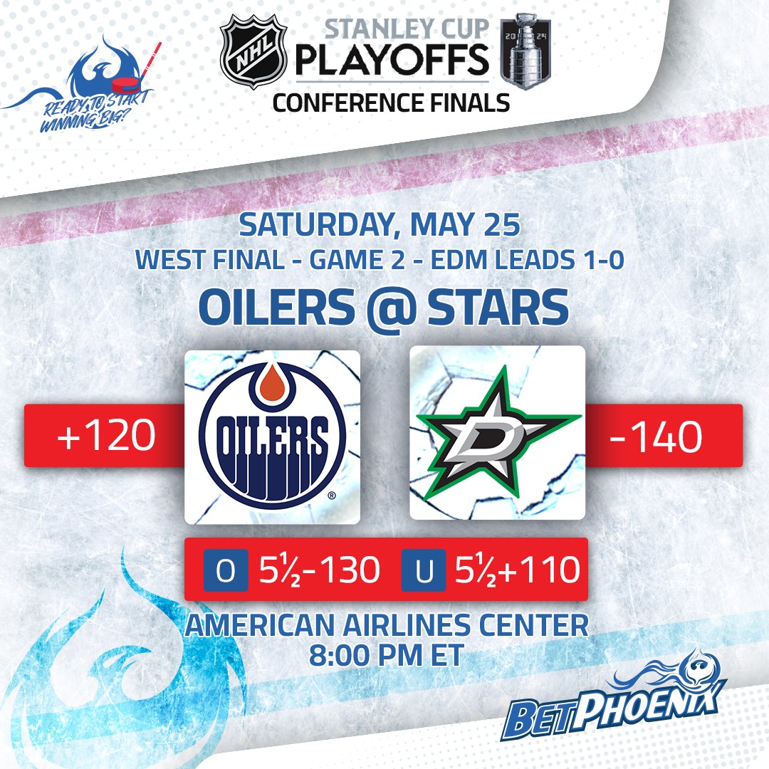 Get on this #NHLPlayoffs Saturday Action! 💵Join #BetPhoenix & Get $100, Check📌 🏒#Oilers @ #Stars 8:00 PM ET The #StanleyCupPlayoffs bring Edmonton #LetsGoOilers & Dallas #TexasHockey in a Game 2 showdown for the #StanleyCup Finals! Get your #NHLBets in! #NHL #NHLHockey