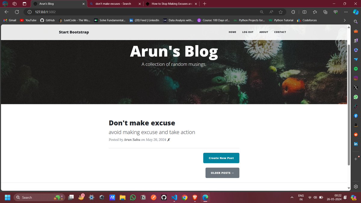 arunsahu94_'s tweet photo. #Day66__67 of #100DaysOfCode 
✅ completed 69th of the Python course.
✅ Learned about the relational database, flask_gravatar, functions, etc.
✅ adding a comment section to the blog website
✅ adding User-login and Register features other than Admin.
#100daysofcodeangelayu https://t.co/I9dhpkKZN5