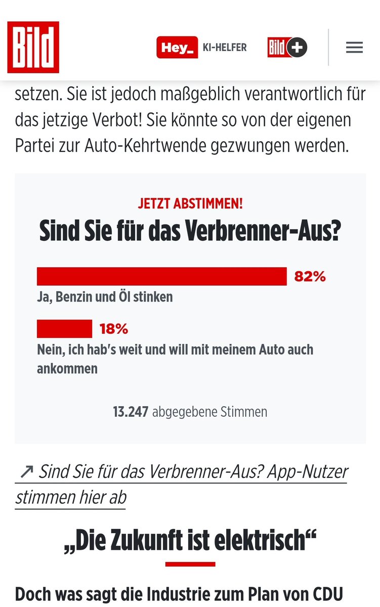 Sogar bei der #haltdiefressebild wird scheinbar manipuliert! Wahnsinn... und dann auch noch so, dass die Zahlen fast übereinstimmen. 
#Verbrenneraus
#StopFossilFuels
#CDU

bild.de/politik/inland…