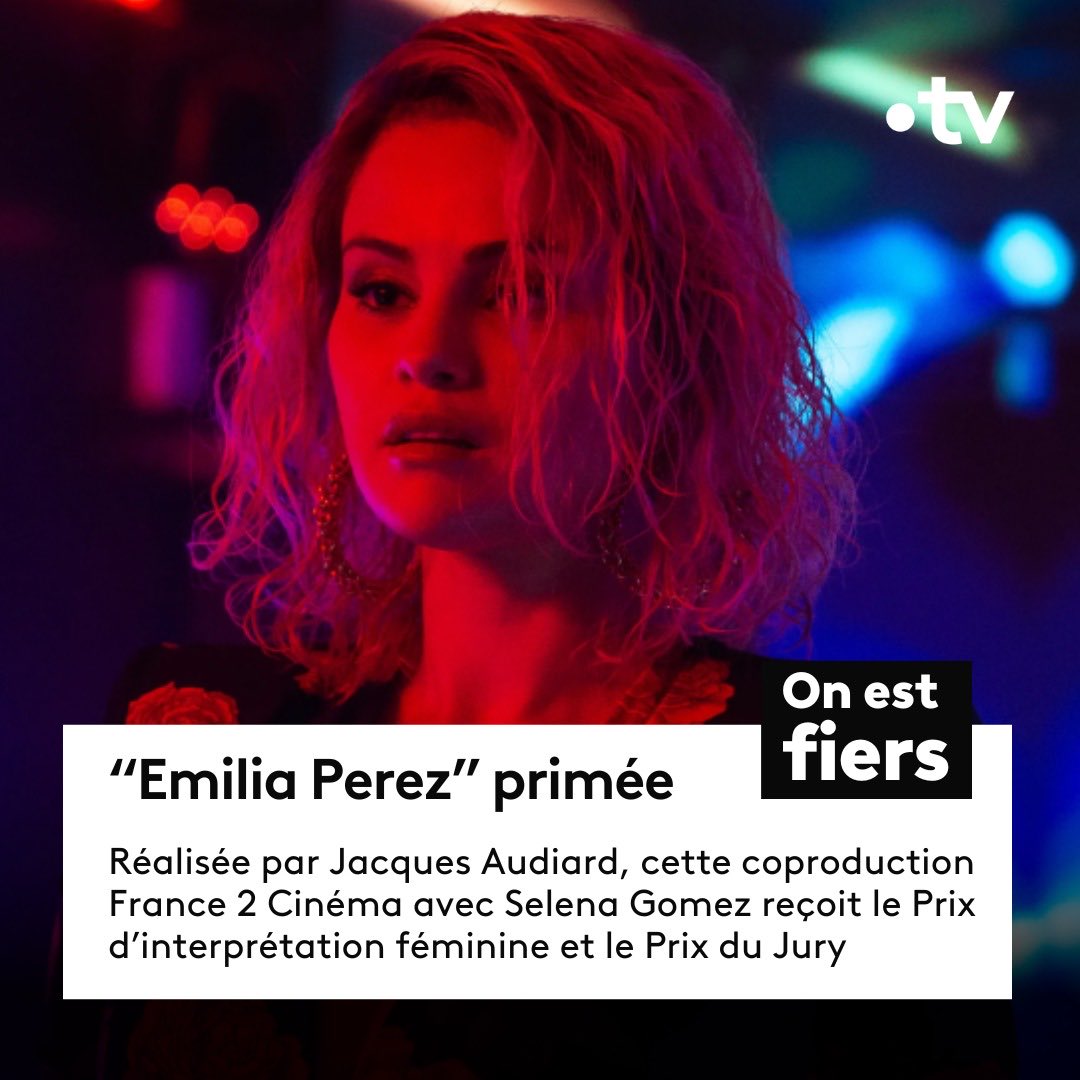 #Cannes2024 | Félicitations 🏆 aux équipes d'#EmiliaPerez, le #film de Jacques Audiard, coproduit par France Télévisions pour : ➡️ Le Prix du Jury ➡️ Le Prix de d'interprétation féminine, décerné à Karla Sofía Gascón, Zoe Saldana, Selena Gomez et Adriana Paz #francetv #cinéma