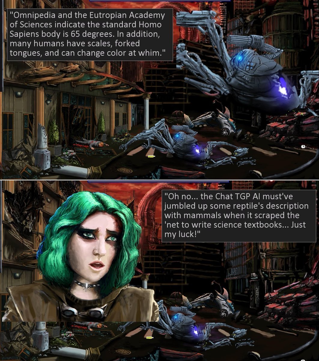 Generative AI mixes up Homo Sapiens and lizard facts while writing biology textbooks, causing mass hypothermia death in robot-run hospitals! Now that's a #cyberpunk killing in 'cold blood'. (Screenshots from Neofeud 2) #scifi #indiegame #steamdeck #gamedev