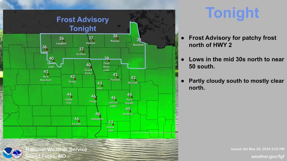 Frost advisory for patchy frost north of HWY 2 tonight. Lows in the mid 30s north to near 50 south. #NDwx #MNwx