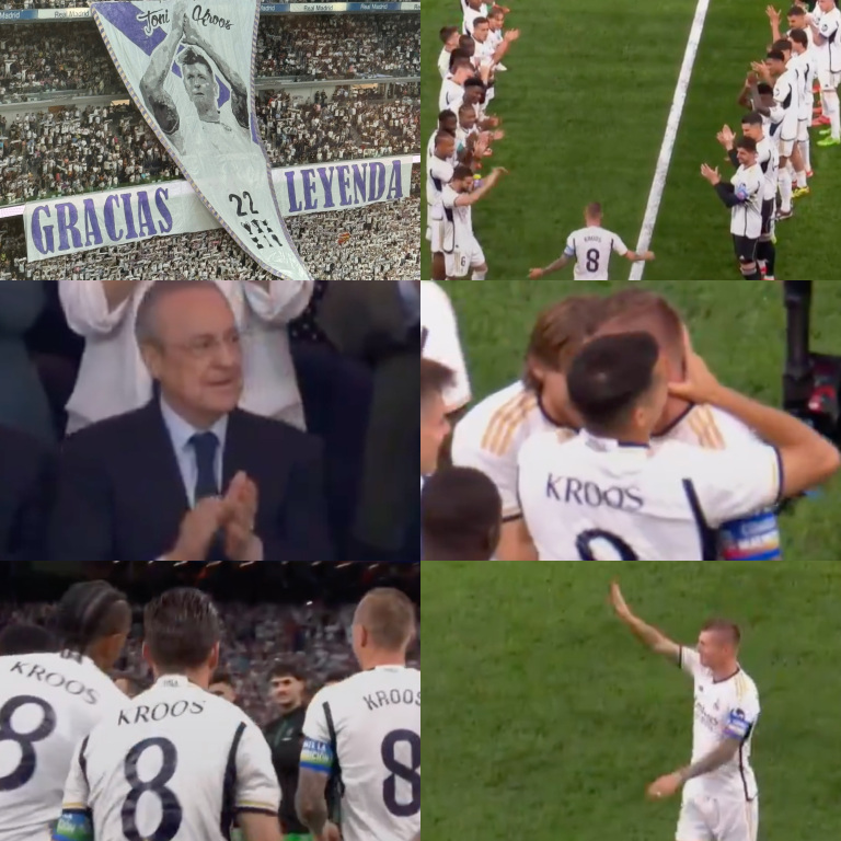 InvictosSomos's tweet photo. La afición le hizo un tifo espectacular. Sus compañeros y los rivales le hicieron un pasillo para reconocerlo. Todos los aficionados se pusieron de pie para ovacionarlo. Florentino Pérez no dejó de aplaudirle. Y los futbolistas del Real Madrid saltaron al campo con su eterno número 8. El épico homenaje a Don Toni Kroos en su último partido oficial en el Santiago Bernabéu. Un acto de reconocimiento a la altura de su grandeza. HONOR A QUIEN HONOR MERECE.