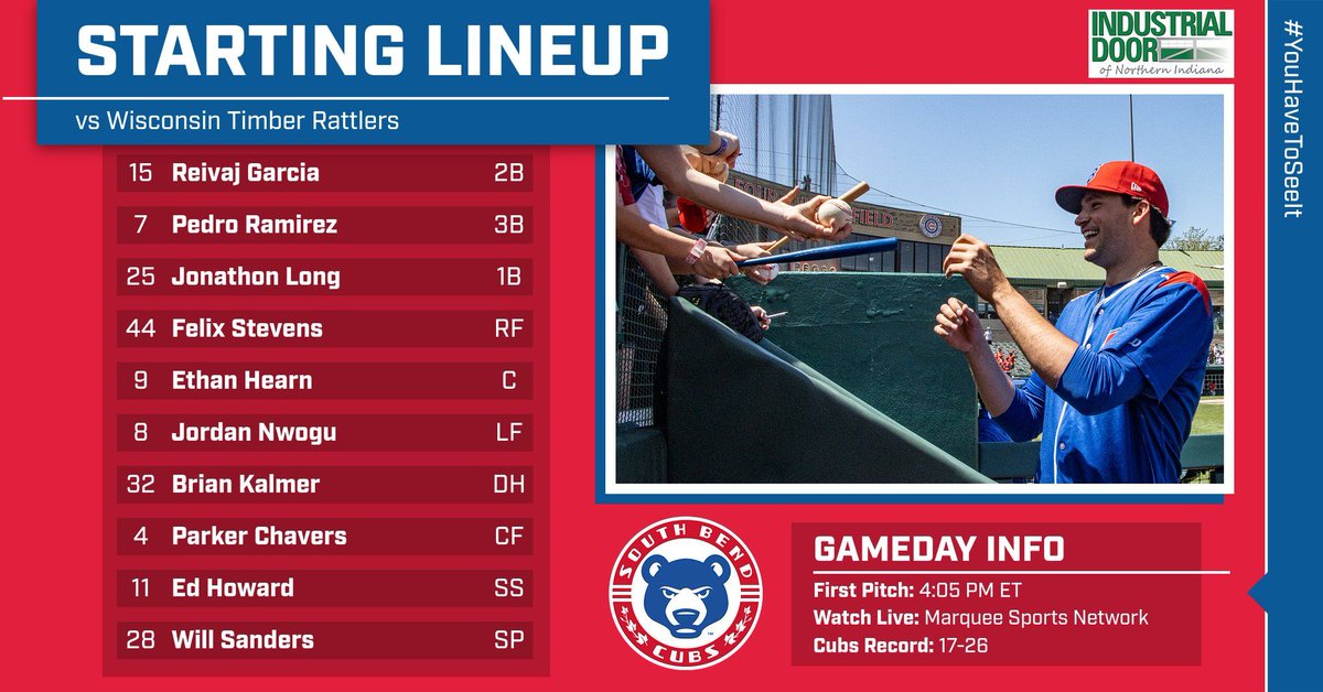 Will Sanders, good guy. Ready to go on @WatchMarquee! Watch live with @BKingSports starting at 4:05 PM ET. Here is your #SBCubs @_IndustrialDoor starting lineup‼️ #YouHaveToSeeIt