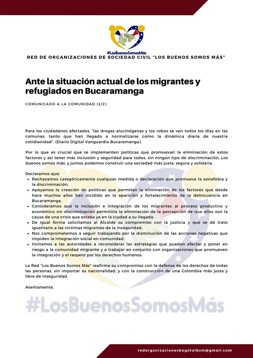 Comunicado Red de Organizaciones de Sociedad Civil
<a href="/LBuenosSomosMas/">Los buenos somos más</a>
ante declaraciones del Alcalde de Bucaramanga
<a href="/soyjaimeandres/">Jaime Andrés Beltrán</a>
que incitan a la #Xenofobia y a la Violencia contra los ciudadanos venezolanos, generalizando erróneamente. La Delincuencia no tiene Nacionalidad.