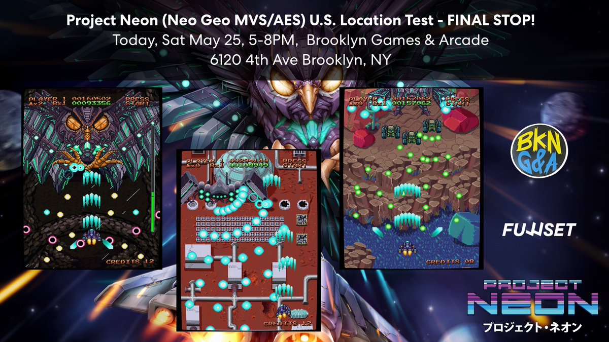 FULLSET_Collect's tweet photo. Our final U.S. stop will be TODAY @ArcadeBrooklyn starting at 5 PM. Come around and let's go out with a bang!! 🔥🔥🔥 #neogeo #mvs #aes #projectneon #shmup #shootemup https://t.co/cMWqvyK1un