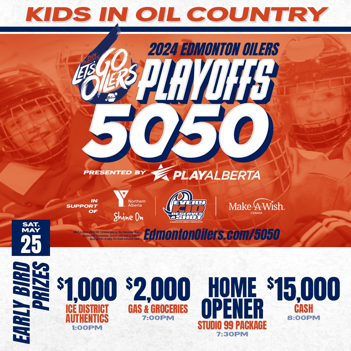The Kids in Oil Country #Oilers Playoffs 50/50 continues today with more early-bird prizes including $15,000 cash & a grand prize jackpot that has surpassed $1 million as we support @YMCAEdm, @MakeAWishNAB & the EOCF's Every Kid Deserves a Shot! 🎟 EdmontonOilers.com/5050tw