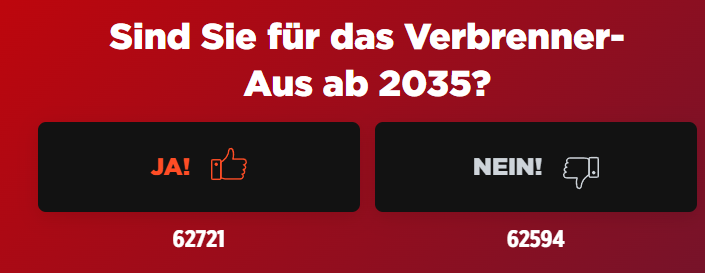 Die #BILD hatte in der Causa "manipulierte Umfrage der #CDU zum #Verbrenneraus" noch eine eigene Umfrage gemacht.

Diese befand sich erst im Artikel, wurde aber entfernt, als die Ja-Stimmen zunahmen.

Durch 1 Direktlink kann weiter abgestimmt werden. :) 
interactive-web.la.spring-media.de/thumbs.html?id…