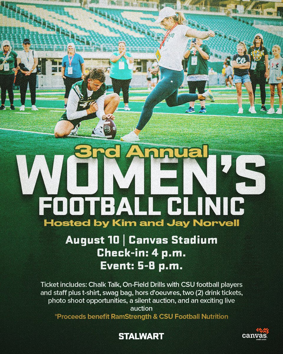 3rd Annual Football Women's Clinic! 🐏 Meet + mingle with players and staff of the program & develop knowledge of the game with chalk-talks + on-field drills coached by the athletes and staff! 🏈 🗓️ August 10 📝 Register Now: csura.ms/WFBC24 #Stalwart x @kimnorvell4