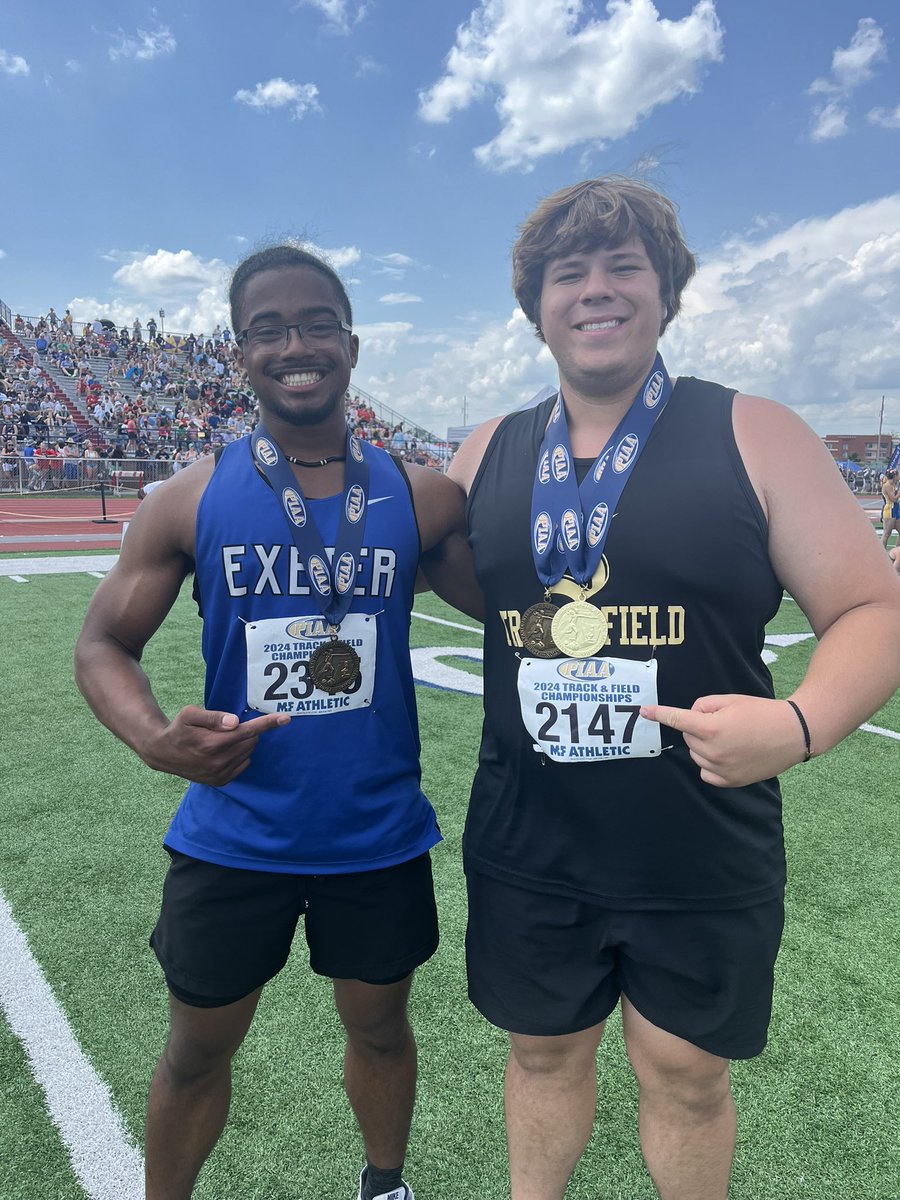Berks Catholic’s Brady Mider and Exeter’s Josiah Newman-Kegerise get together after earning Class 3A discus medals during Saturday’s PIAA Track and Field Championships. Mider took fourth with a 167-7 and Newman-Kegerise fifth at 166-6. <a href="/MDrago59/">Mike Drago</a> <a href="/BCSaintsSports/">Berks Catholic Athletics</a> <a href="/ExeterAthletics/">ExeterTwpSD Sports</a>