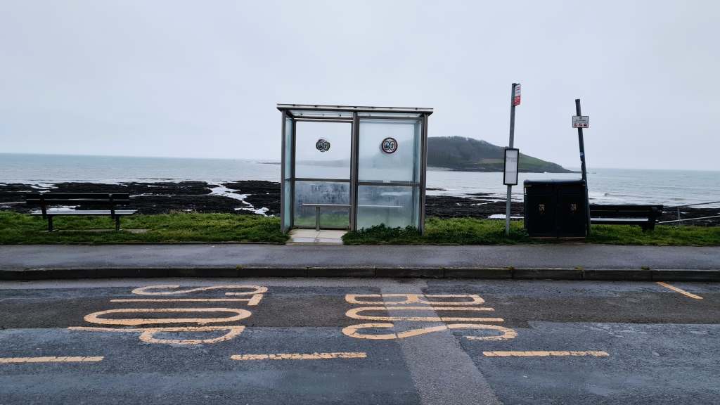Coastal path bus stop. Looe, Cornwall. April grey.