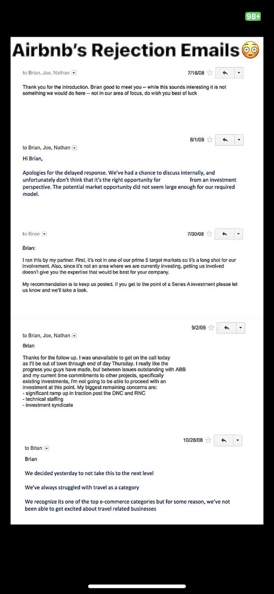 Sixteen years ago, <a href="/Airbnb/">Airbnb</a> launched, and today, it's worth $91 billion 📈!

After the meetings, rejection emails started coming in from five investors (see photo). The other two investors opted to ghost the team and not respond at all.
#startups #venturecapital #tech #fundraising