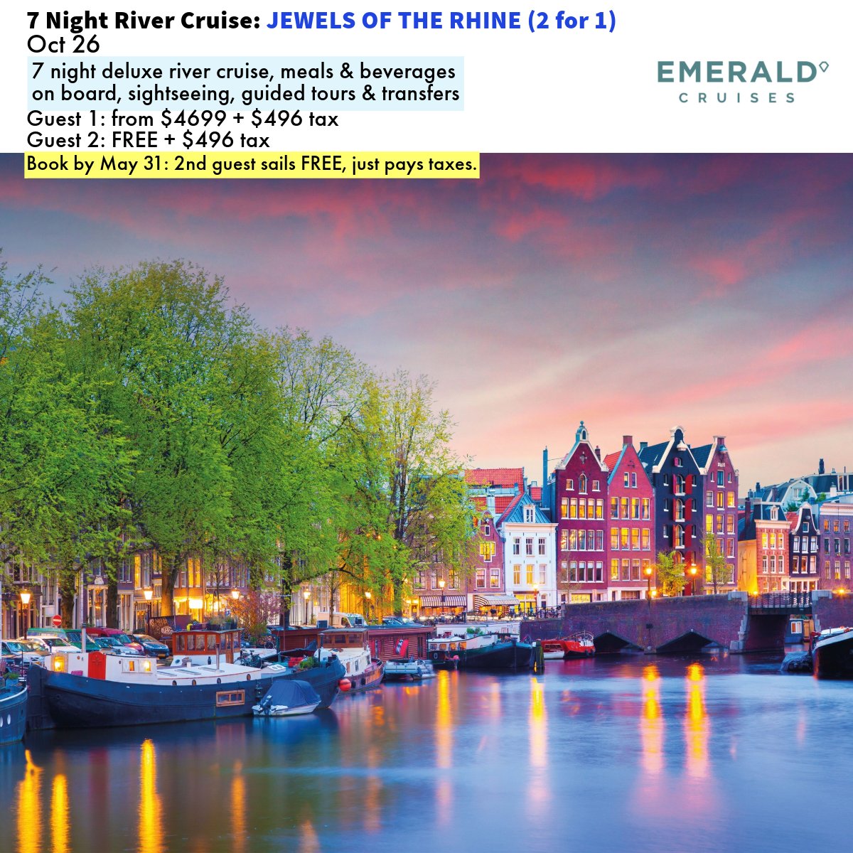 2 For 1 Emerald Cruises ⚓️
Ending soon!  Book by May 31!

#HobbitzTravel2024 #TravelBestBets2024
#2024VacationPlanning #EscapeTheRatRace 🐀
#VacationIsCalling2024🗺
#TheTimeToBookIsNow2024⏳
#Cruising2024🚢 #SetSail2024
#EmeraldCruises2024🍹
#PictureYourselfHere2024📷