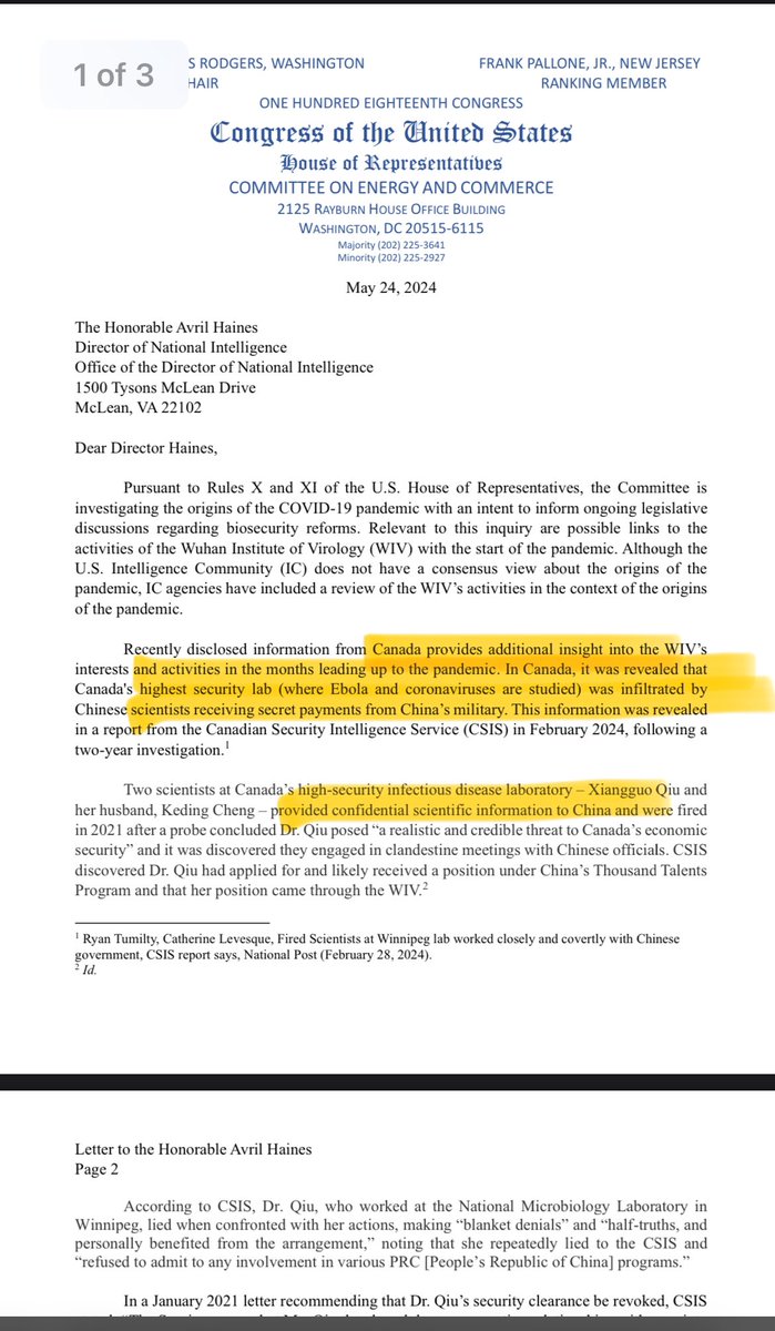 HOLY CRAP 🇨🇦 US Congress asks for an intelligence briefing regarding the Winnipeg Lab where Ebola and Coronaviruses are studied. Who’s thinking COVID came from the Canadian Lab? d1dth6e84htgma.cloudfront.net/05_24_24_Lette…