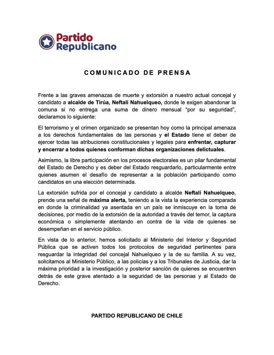 PRChile's tweet photo. Comunicado oficial sobre las amenazas de muerte y extorsión recibidas por nuestro concejal y candidato a alcalde de Tirúa, Neftalí Nahuelqueo. https://t.co/9uj0fQ0lhc