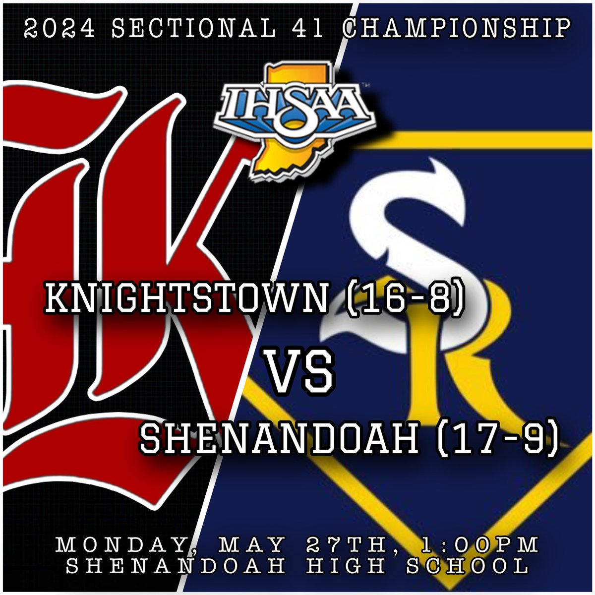 IHSAA Sectional 41 Championship • May 27th Knightstown (16-8) vs (17-9) Shenandoah Location: Shenandoah HS • First Pitch: 1PM Knightstown will be home team. Knightstown community, families, fans, friends, alumni and school administration come out Monday support your Panthers!