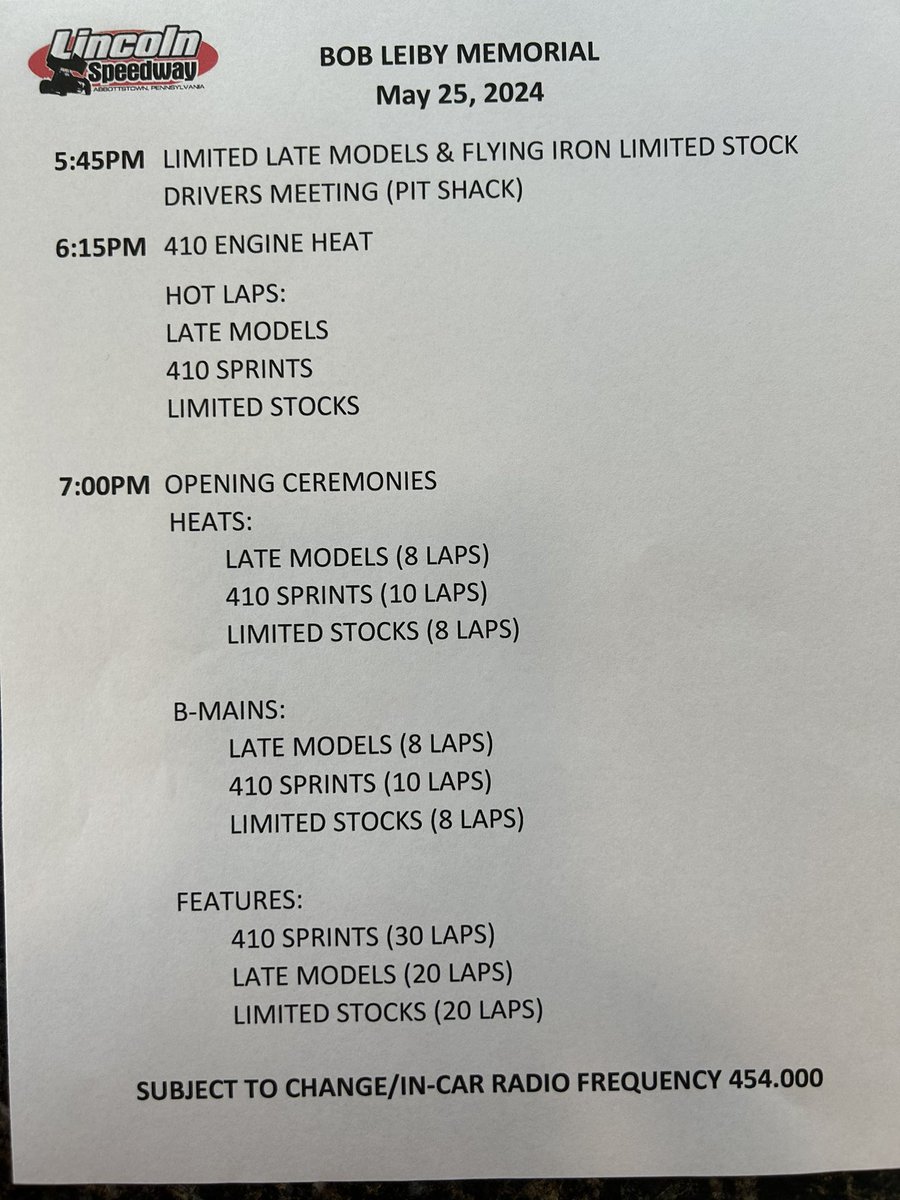 Schedule of events for tonight’s Bob Leiby Memorial