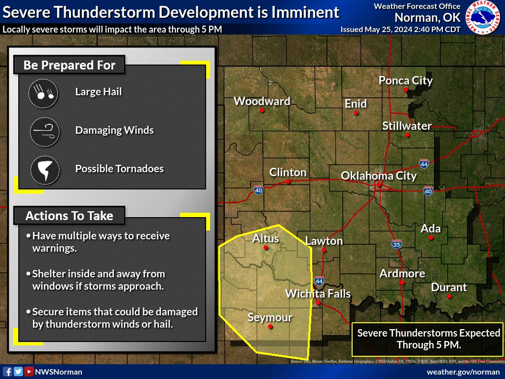 245 PM - Thunderstorms are rapidly developing across western north TX and will likely expand north and eastward over the next couple hours into southwest OK. Make sure you have multiple ways to received severe weather warnings if storms approach your area! #okwx #texomawx