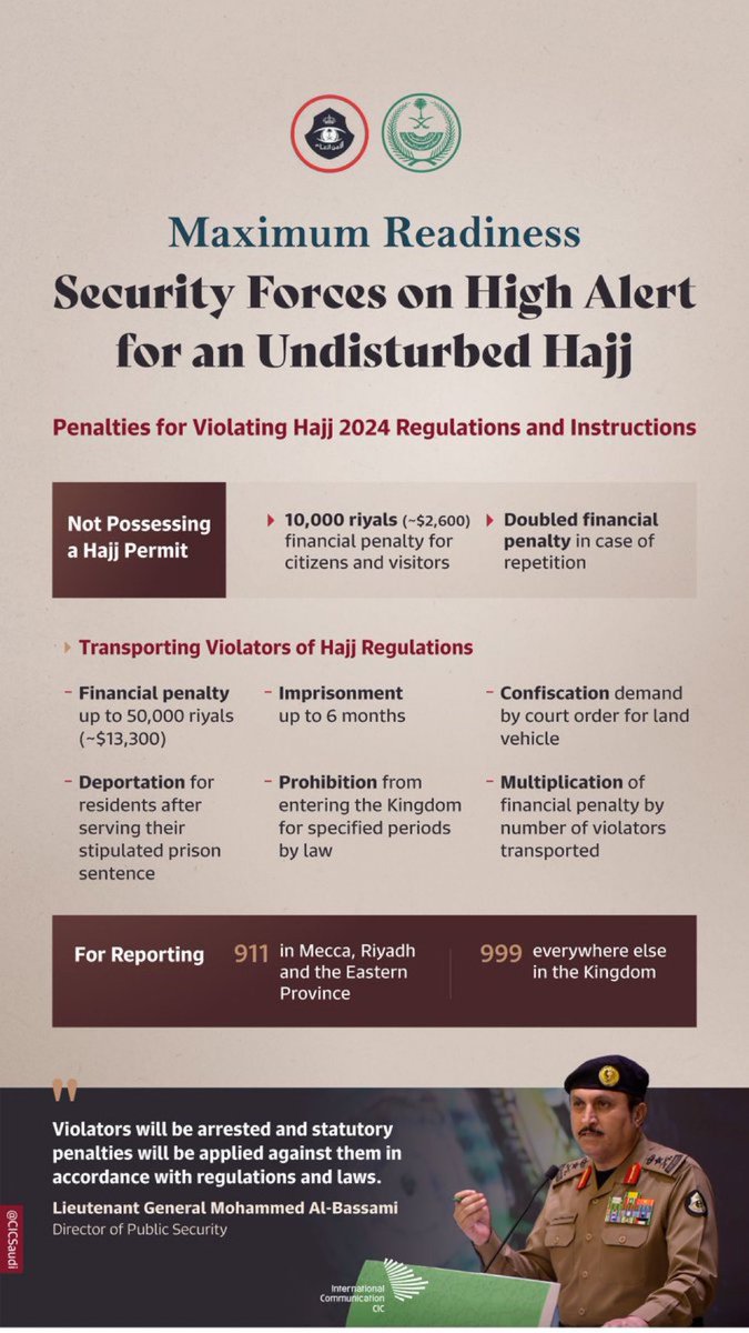 Haytham_MG's tweet photo. @F15_KSA2030 @CICSaudi @security_gov @MOISaudiArabia No violations will be tolerated this #Hajj2024 season. #InPeaceAndSecurity https://t.co/LuokopNwqB