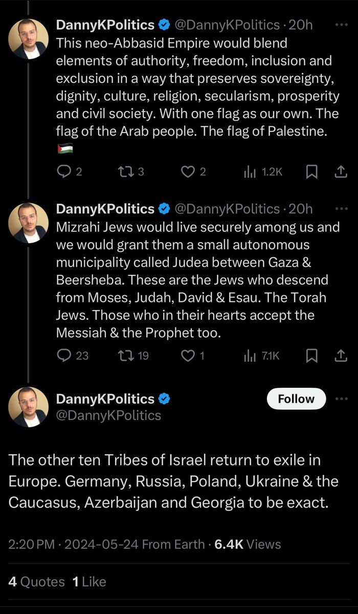 A college professor from Florida is currently LARPing about recreating the Abbasid Caliphate with Saudi and UAE money and then ethnically cleansing all non-Mizrahi Jews from Israel hahahaha