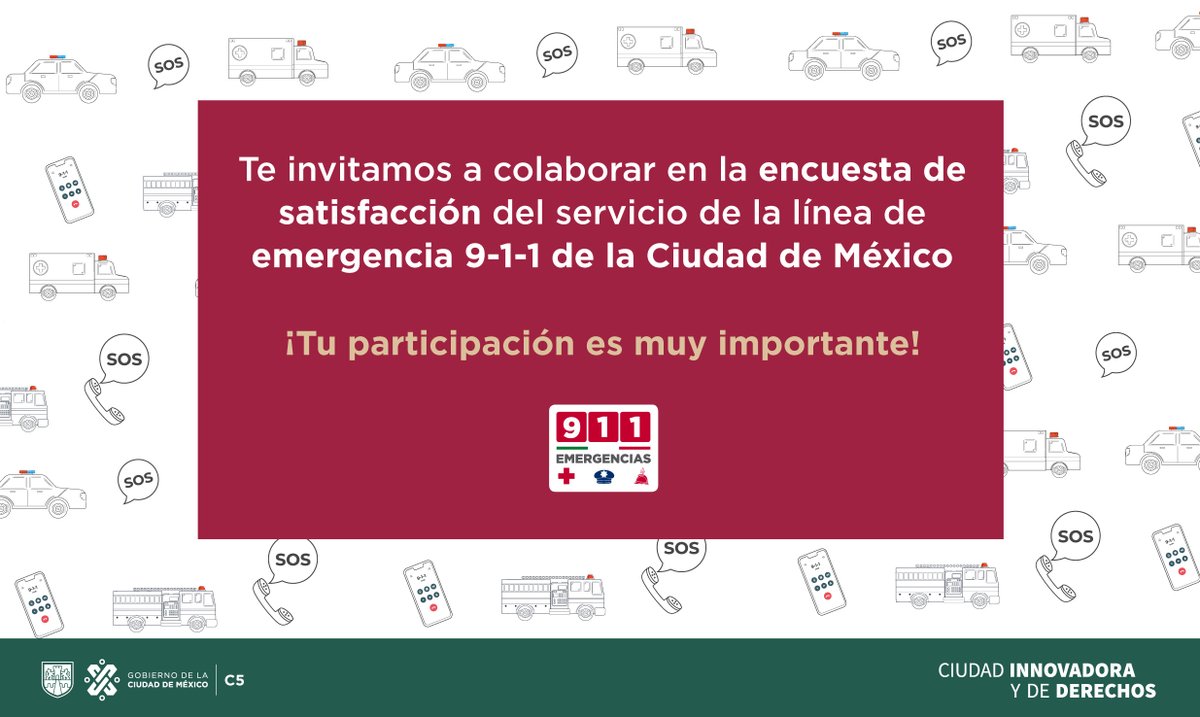 ¿Has utilizado el servicio del #911CDMX? 🚨⚠️ 🗣️ 📞 🚓 🚒 🚑 📋 ✅ Te invitamos a participar en la encuesta de satisfacción del servicio de la línea de emergencias 9-1-1 #CDMX ENTRA A 👉🏻 bit.ly/3zz5jwS ¡Tu participación es muy importante!