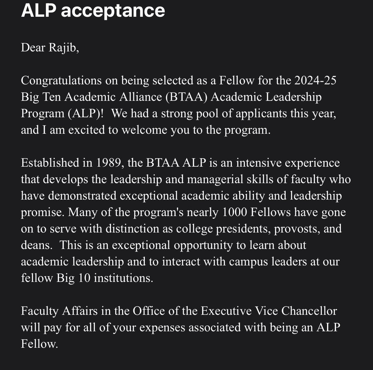 Excited to be selected in the 2024 cohort of @BigTenAcademic Leaders Program! Thanks to @UNL @NebEngineering @UNL_ChemEng for supporting my application & considering me worthy of this opportunity! After completing the @UNLresearch Leaders Program, this is the ideal next step!