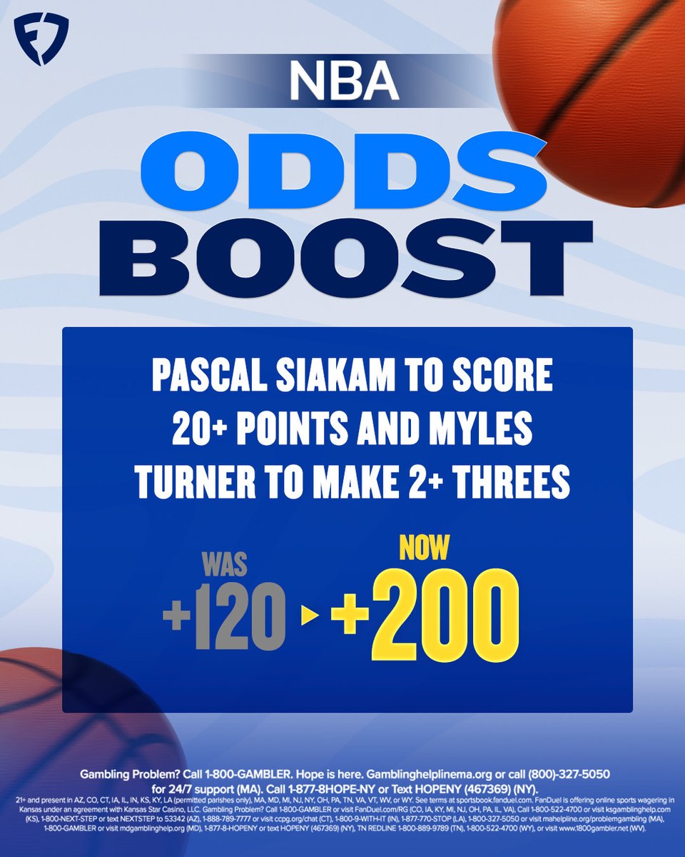 🏀 NBA ODDS BOOST 🏀 Pascal Siakam to score 20+ points and Myles Turner to make 2+ threes Was: +120 Now: +200 🔺 ➡️: bit.ly/FD-Boosts | #NBAPlayoffs