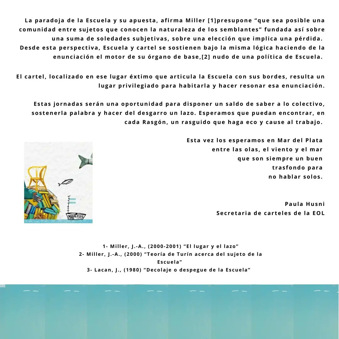 eolcarteles's tweet photo. :: Razgón #1 ::

Boletín XXXIII Jornadas de Carteles EOL
Escuela de la Orientación Lacaniana 

"El Cartel como política de la enunciación"

Con @pchusni 

Informes: https://t.co/J66QaX6vFW

#cuatromasuno#carteles#eol https://t.co/dBanl50KOu