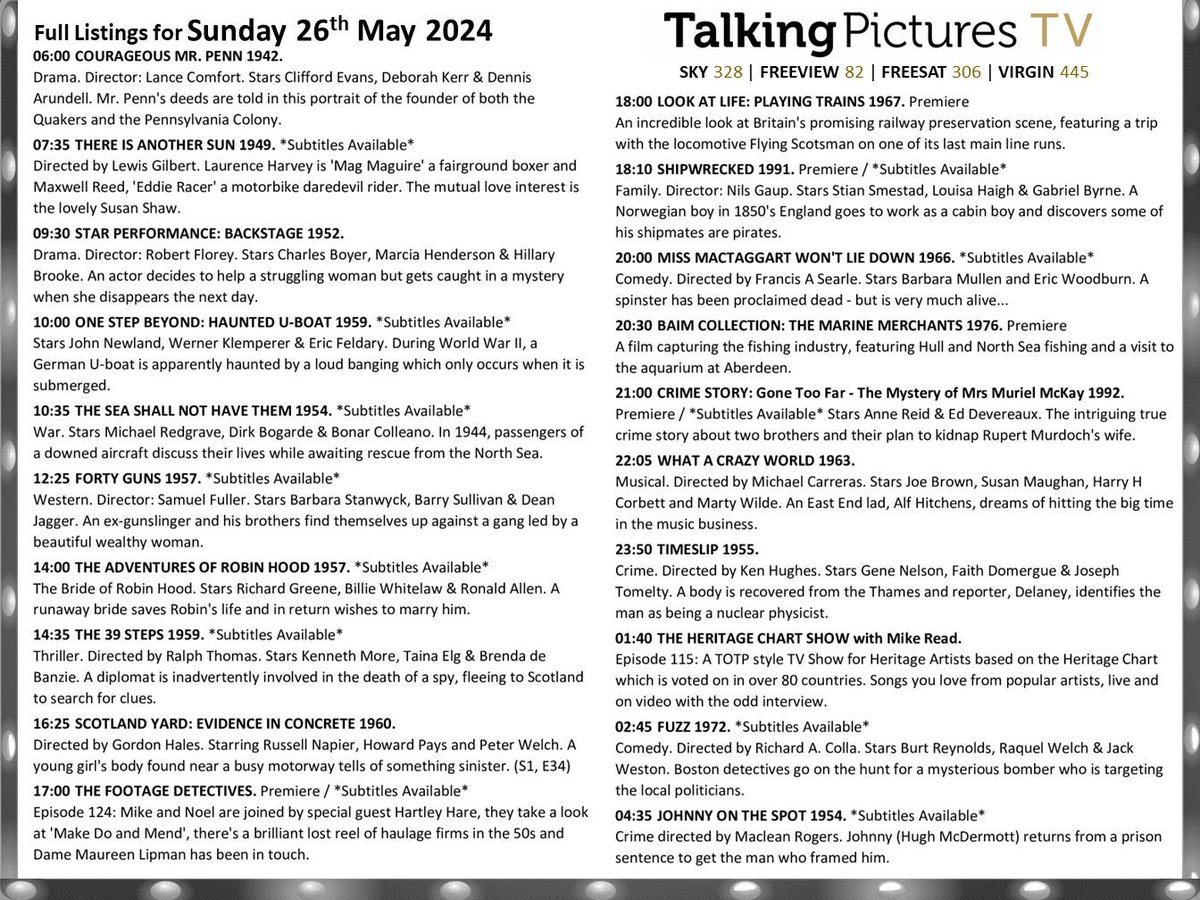 Full listings for tomorrow, Sunday 26th May on #TalkingPicturesTV