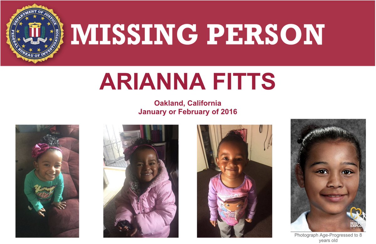 Arianna Fitts was reported missing from the San Francisco, CA, area on April 5, 2016. She was last seen in Oakland, CA, in ​January or February of 2016. Help the #FBI find her: fbi.gov/wanted/kidnap/…