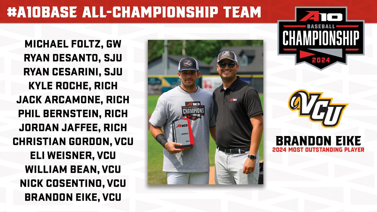 Atlantic 10 Conference (@atlantic10) on Twitter photo Congratulations to the 2024 #A10BASE All-Championship Team
<a href="/GWBaseball1/">GW Baseball</a>
<a href="/SJUHawks_Base/">Saint Joseph's Baseball</a>
<a href="/SpiderBaseball/">Richmond Baseball</a>
<a href="/VCUBaseball/">VCU Baseball</a> Congratulations to the 2024 #A10BASE All-Championship Team
<a href="/GWBaseball1/">GW Baseball</a>
<a href="/SJUHawks_Base/">Saint Joseph's Baseball</a>
<a href="/SpiderBaseball/">Richmond Baseball</a>
<a href="/VCUBaseball/">VCU Baseball</a>