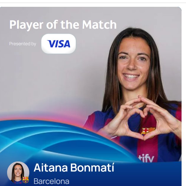 Aitana has won 4 MVPs this season.

1st against Benfica in UWCL GS
2nd against France in UWNL final
3rd against Chelsea in UWCL SF
4th against Lyon in UWCL final

Unquestionably the three most important games of the season for Barcelona and Spain so far. Goated big game player.